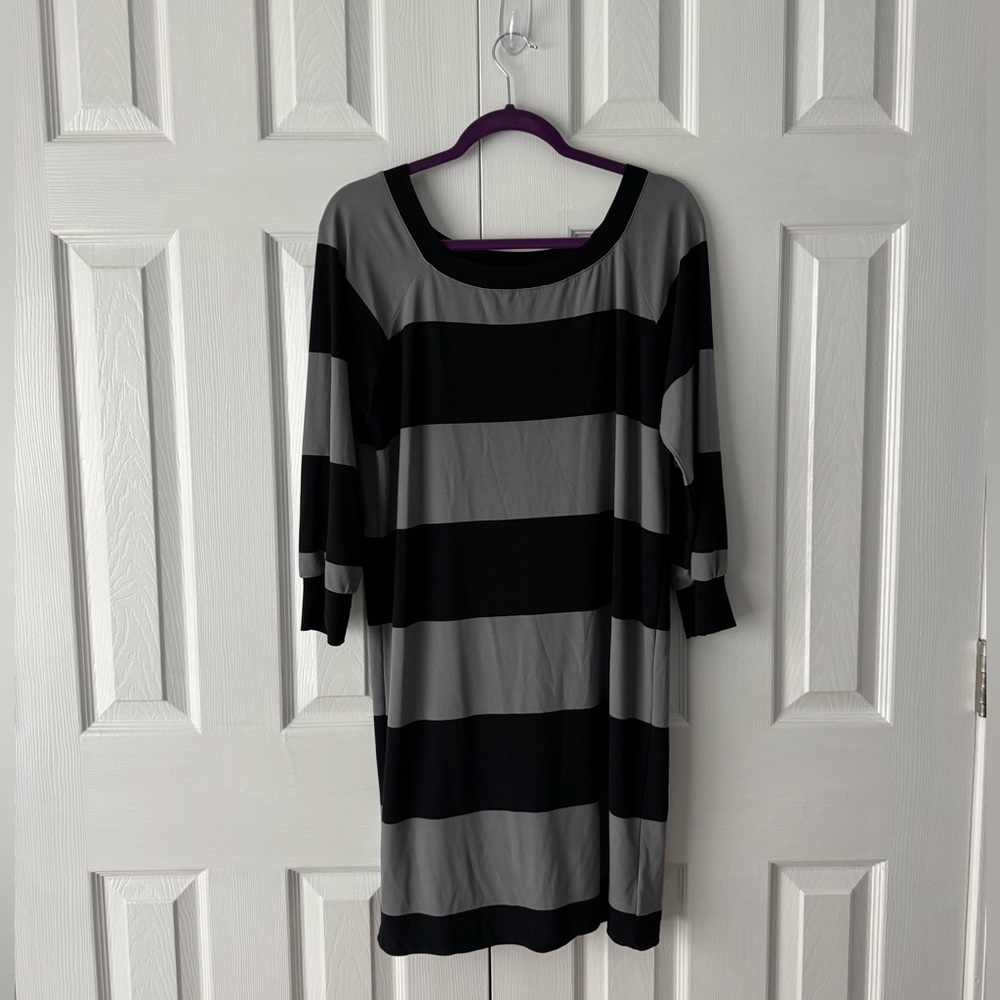 Norma Kamali Black and Gray Striped Elegant Avant-Garde Midi Dress